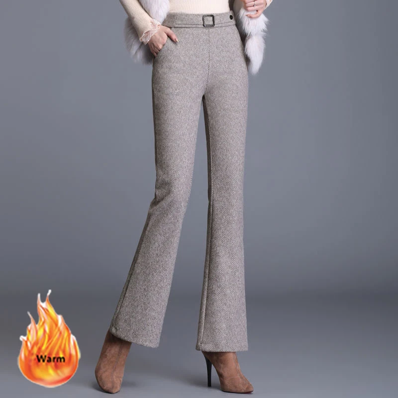 

Autumn Winter Fleece Lined Flare Pant Women Korean High Waist Woolden Blend Casual Trousers Big Size Plus Velvet Mom Pantalones