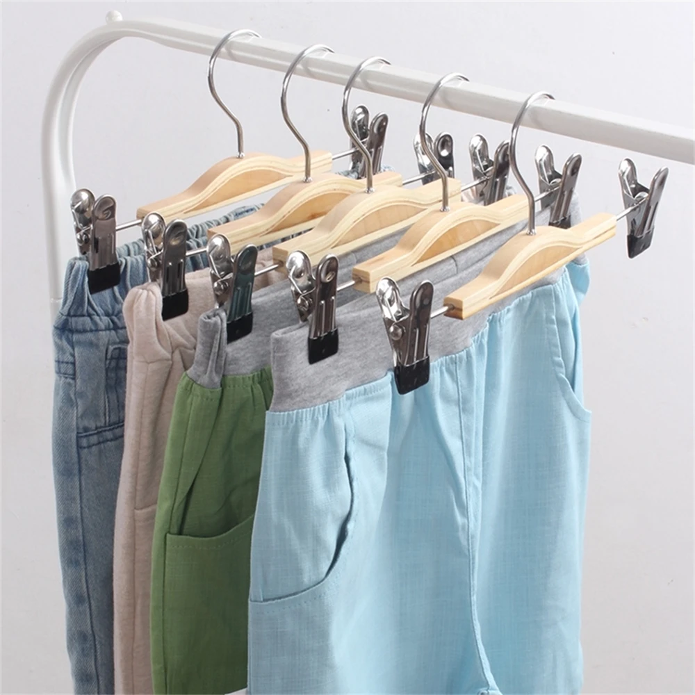 Children's Bamboo Wood Anti-slip Pants Rack Drying Rack With Clips Adjustable Wood Pants Rack Hanger Clip Hang Hook Bracket