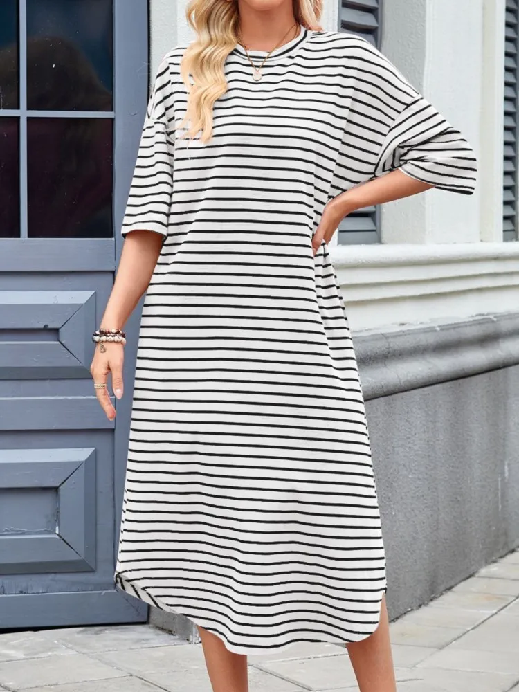 Robes rayées pour femmes, nouvelle mode coréenne, mi-longue, manches courtes, longueur aux genoux, t-shirt ample, robes décontractées pour le bureau, été 2025