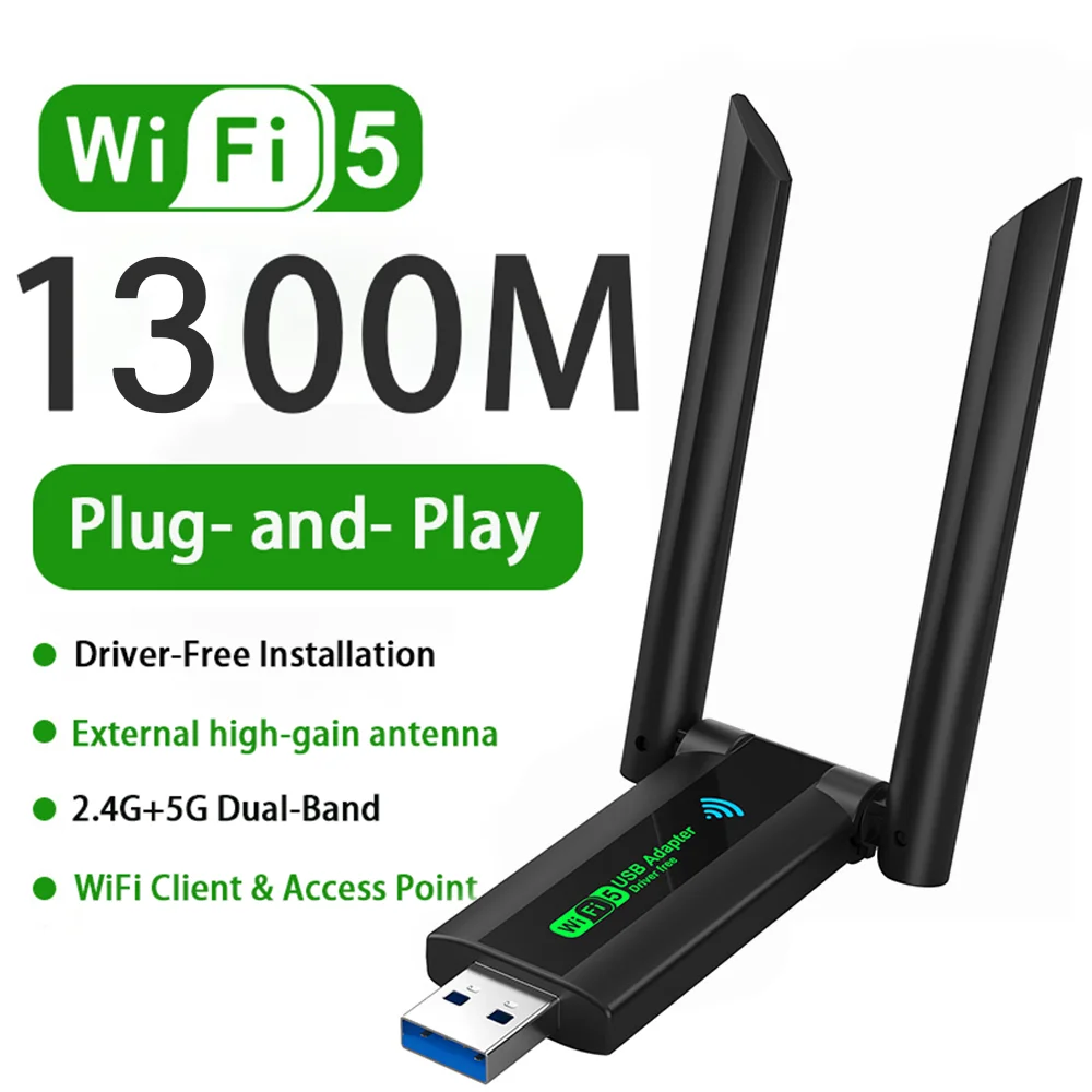 

1300 Мбит/с Wi-Fi USB-адаптер Сетевая карта Двухдиапазонный ключ 2,4G/5Ghz 802.11AC Мощная антенна Беспроводной приемник для ПК Драйвер Бесплатно
