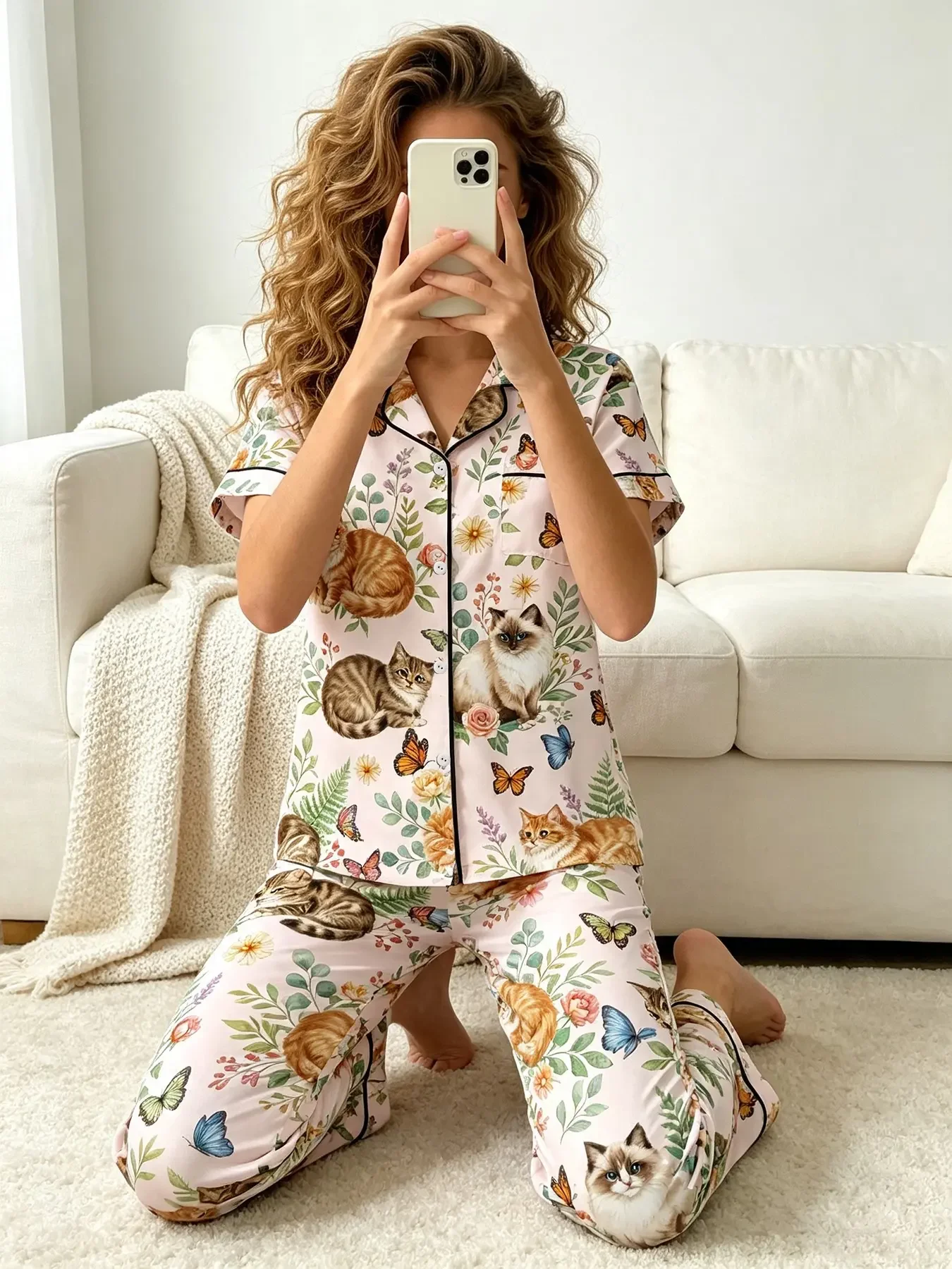 Women Bee Floral Print Pajama Set, Short‑Sleeve Button Down Shirt And Long Pants Loungewear, All Over Print, wear for all seasons, cottagecore aesthetic comfy home outfit, casual sleepwear for relaxing on couch, cozy nightwear for lazy afternoons view 5