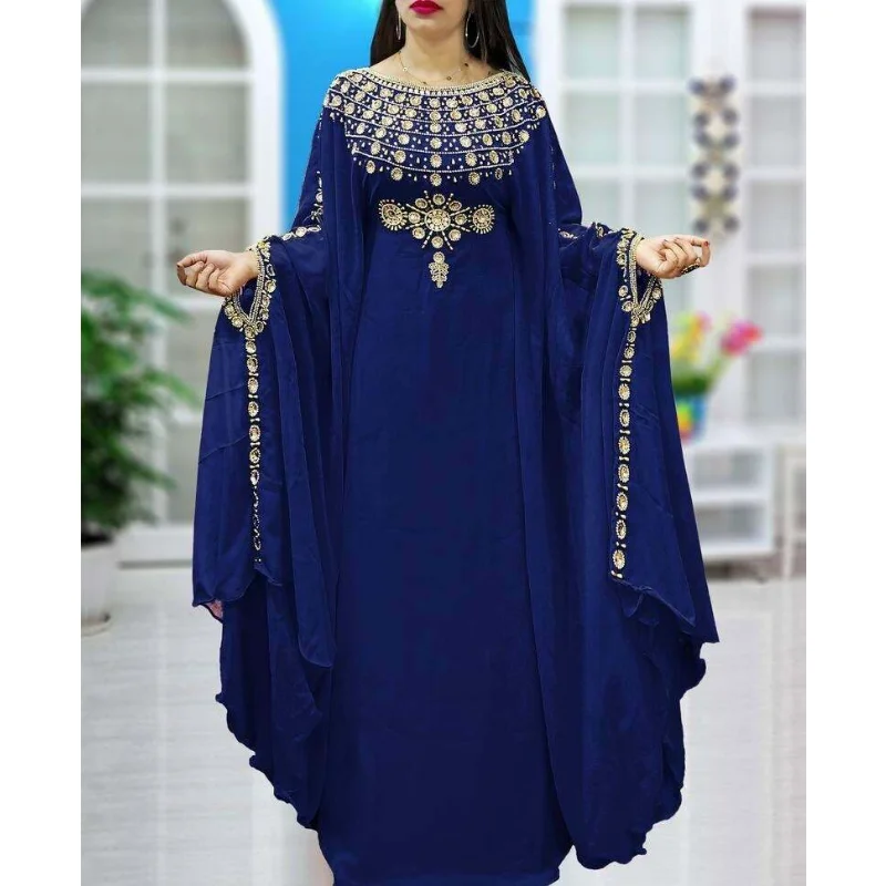 

African Caftan Dubai Kaftans Long Sleeve Collared Moroccan Abaya Farasha Long Gown Dresses 56inches