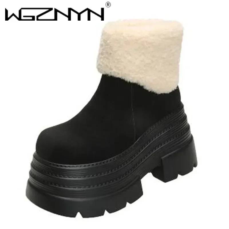 2026 inverno botas de neve quentes das mulheres ao ar livre sapatos de tornozelo de pelúcia anti-skid tênis de couro grosso bota de pele curta botas mujer 10cm
