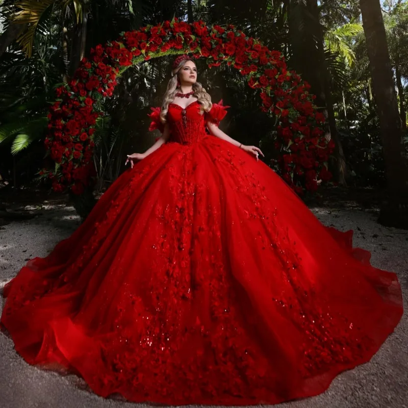 Red Quinceanera Dresses Ball Gown Sweet 16 Dress Appliques 3D Flower Decal Crystals Bow Birthday 15th Party Gown Lace-Up