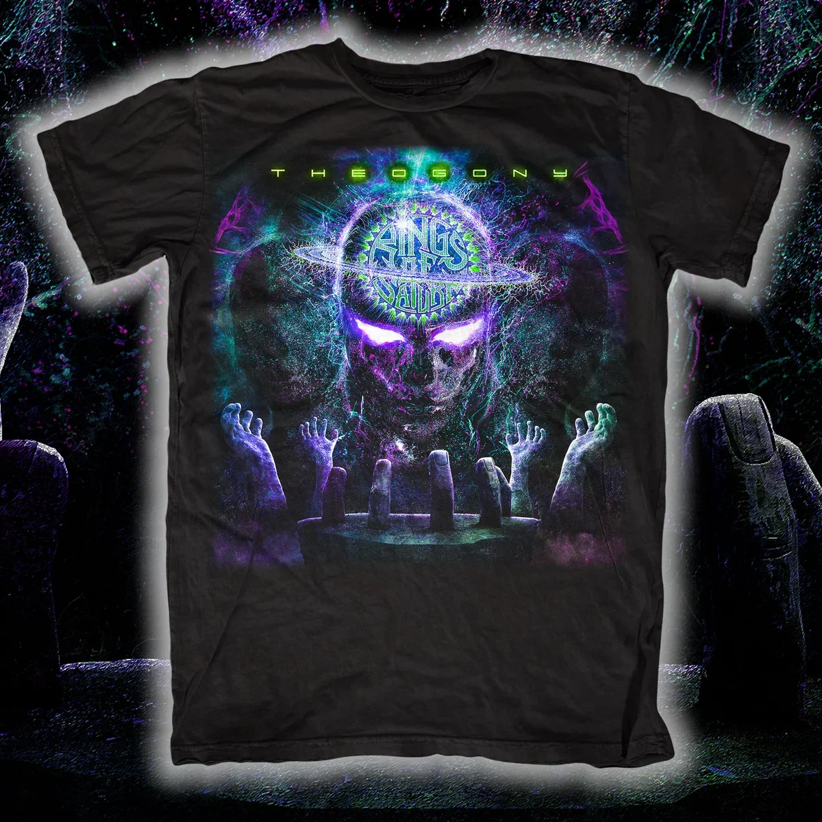 Rings of Saturn Theogony Glowing Eyed Demon Skull Graphic Print T‑Shirt, Features Theogony Album Title on Upper Area