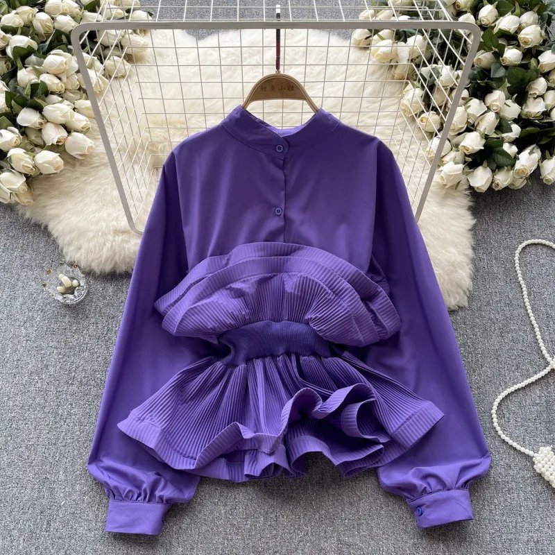 

Women's Spring Autumn Blouse Shirt Bubble Sleeve Waist Ruffle Comfortable Slim Simple Loose Design High Fashion Soft Versatile