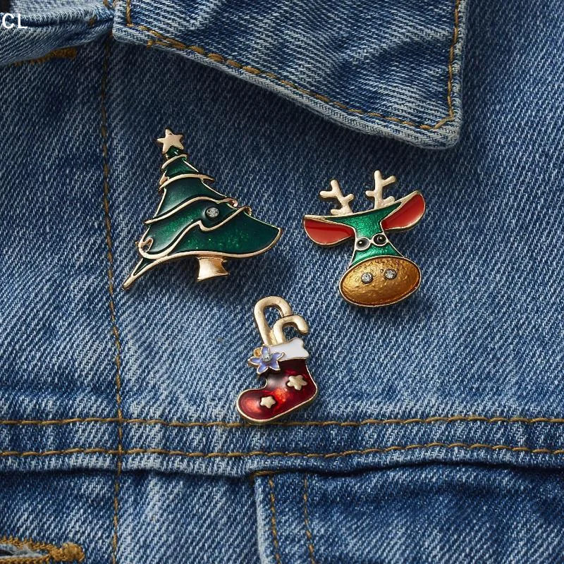 3pcs/set Merry Christmas Brooches Christmas Socks Christmas Tree Elk Enamel Badge Small Brooch Women Fashion Party Jewelry Gift