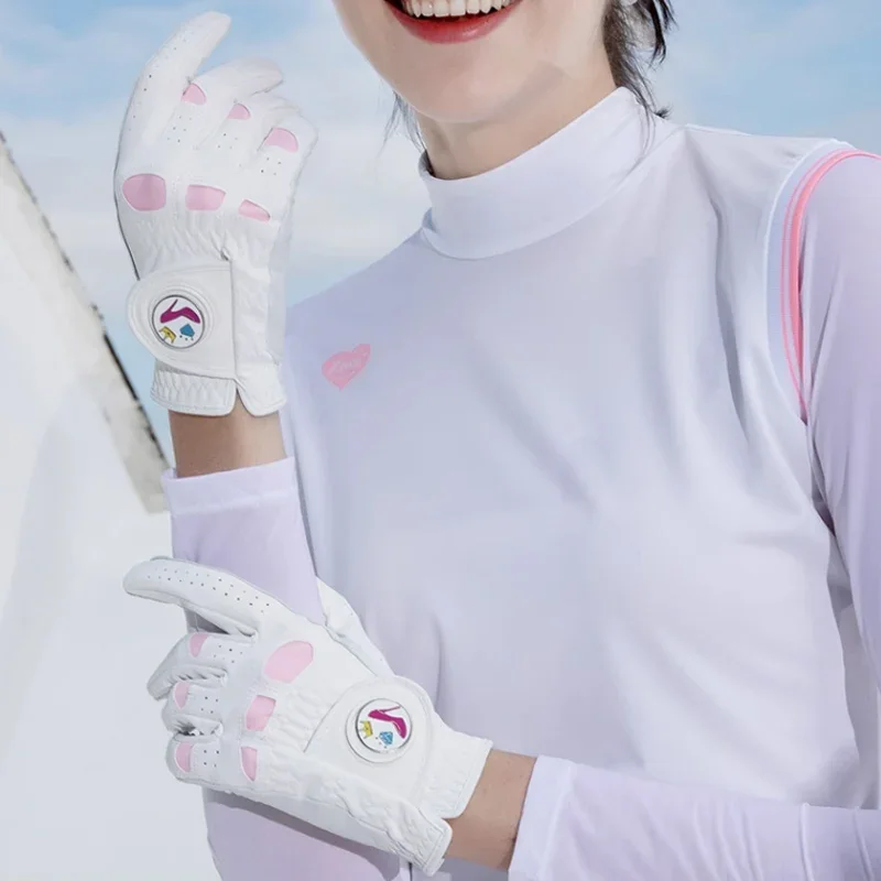 Love Golf 1 Pair Women Lambskin Leather Golf Gloves with Mark Ladies Anti-skid Elastic Sports Mittens Hook and Loop Soft Gloves