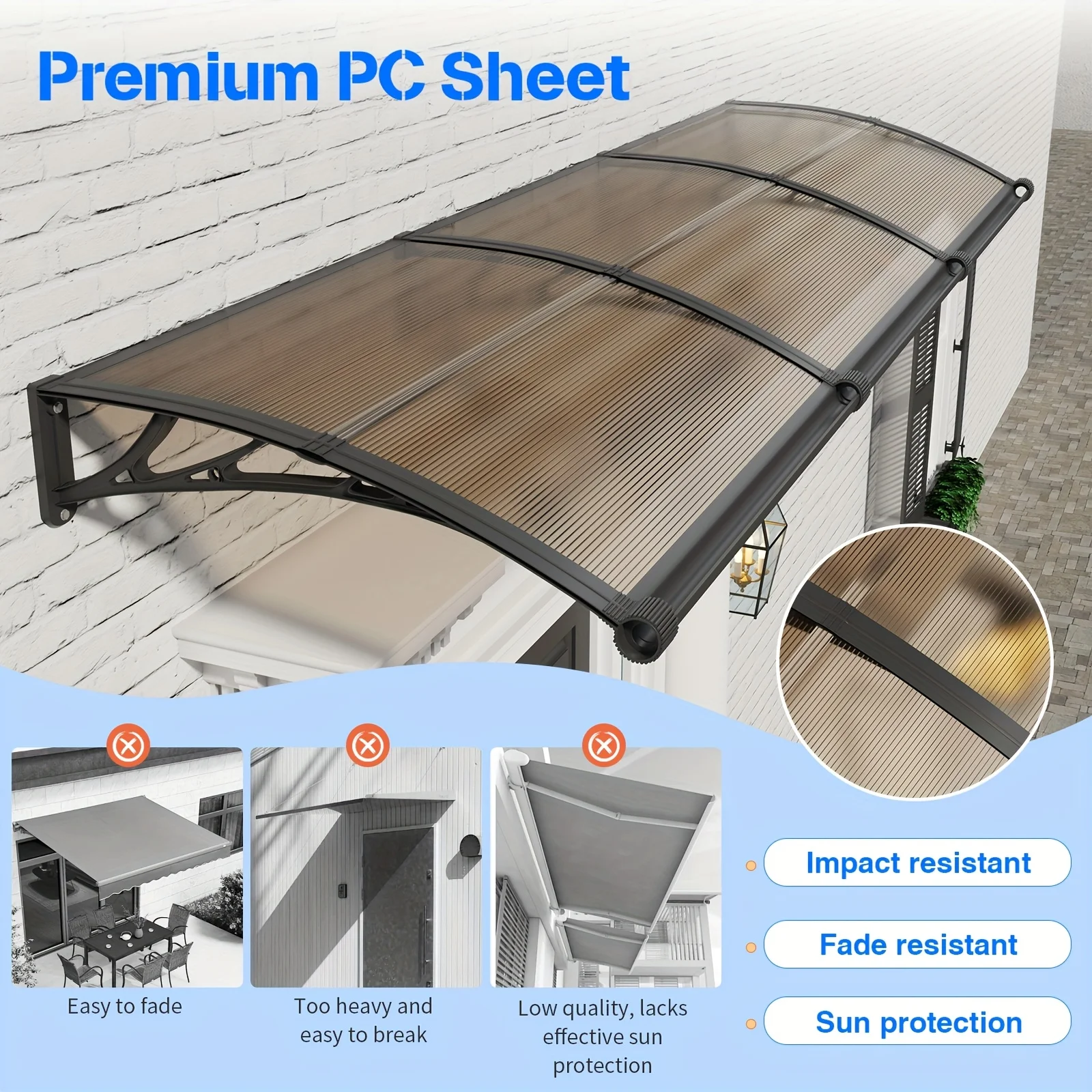 32/40/48/60/80 Inches Window Awning Door Canopy Exterior with Separate Drainage Gutter for Patio Yard Rain UV Overhang Awnings