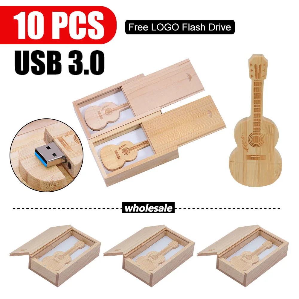 10pcs/lot 3.0 USB Flash Drive wooden +BOX music Guitar pen drive 8GB 16GB 32GB 64GB 128GB memoria stick free logo pendrive gifts