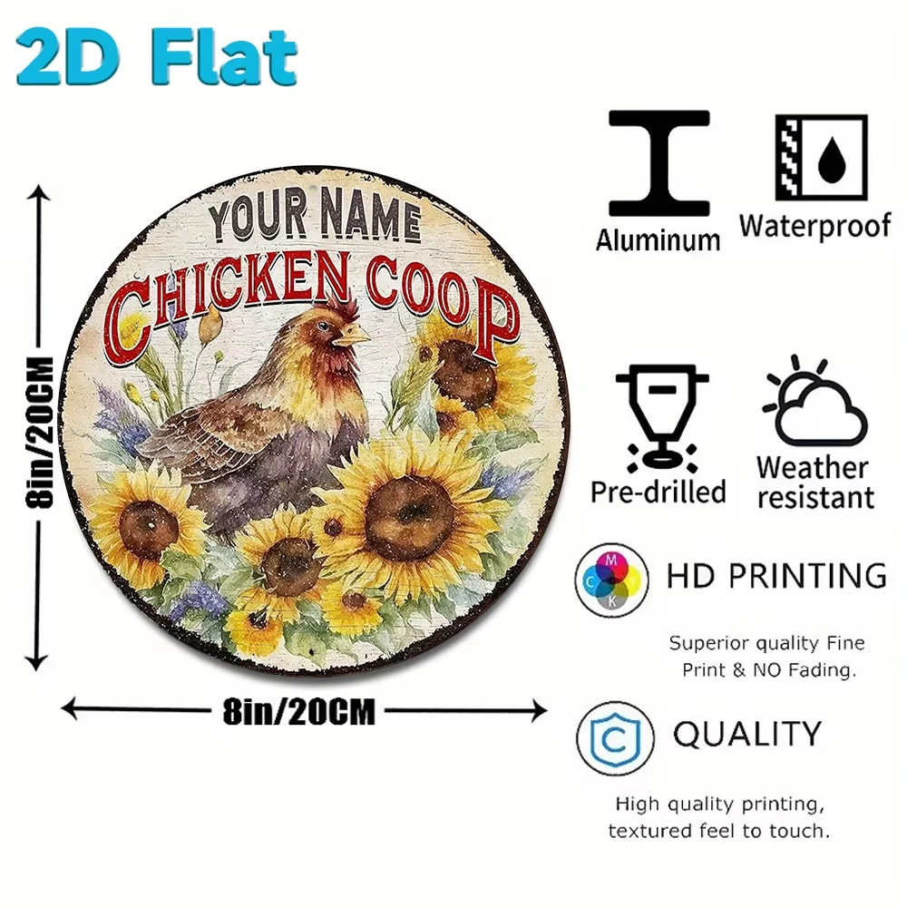 Custom Sunflower Chicken Coop Metal Sign, Personalized Name Round 2D Flat Metal Plaque Farm Outdoor Wall Decor Gift 8 Inch