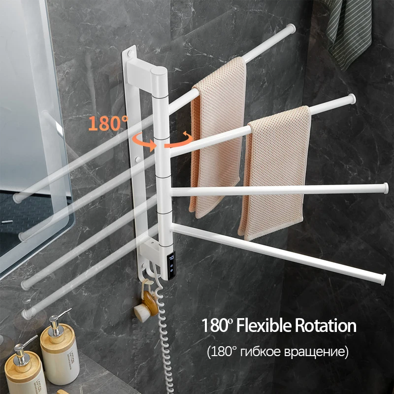 욕실 전기 온열 수건 난간, 수건 라디에이터, 타이밍 온도 조절 수건 걸이, 180 ° 수건 난방 장치, 블랙/화이트
