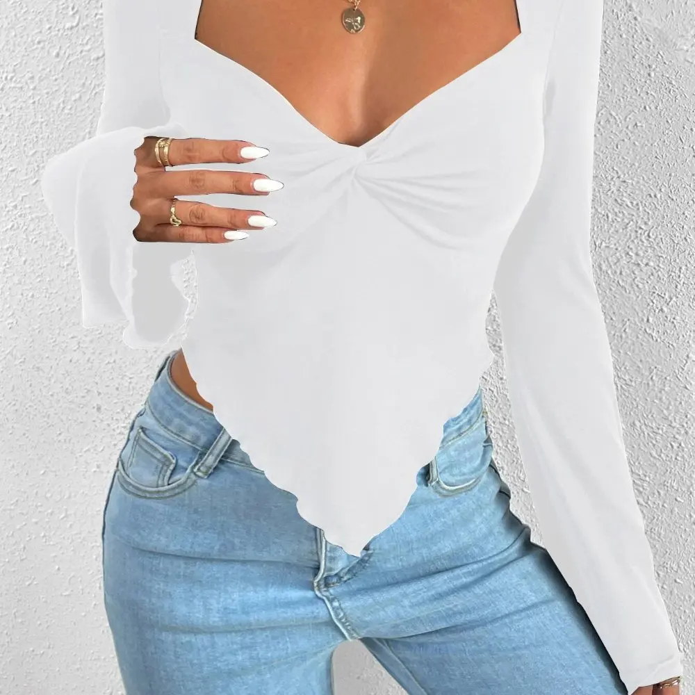 

Женские футболки, осенне-зимние модные французские футболки 2024, шикарные стильные однотонные повседневные футболки с длинным рукавом и глубоким v-образным вырезом