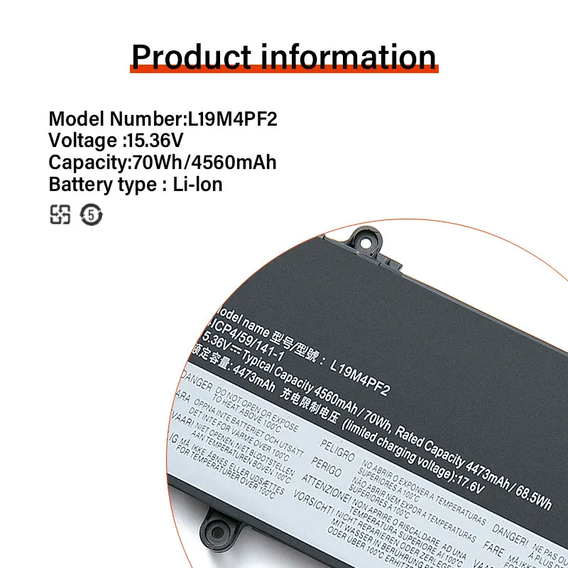 Bateria do portátil para Lenovo Yoga Series, 5B10X18187, L19C4PF2, 5B10X18187, L19M4PF2, SB10X1818189, SB10X18190, 70Wh, 4560mAh, 7-15IMH05, S750-15 Series