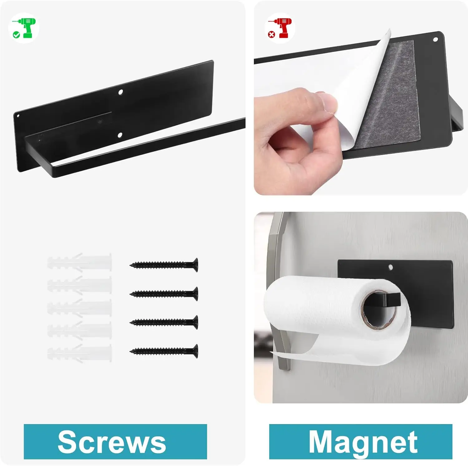 

2-piece set of magnetic tissue holder, magnetic and drilled tissue holder wall mounted, towel bar