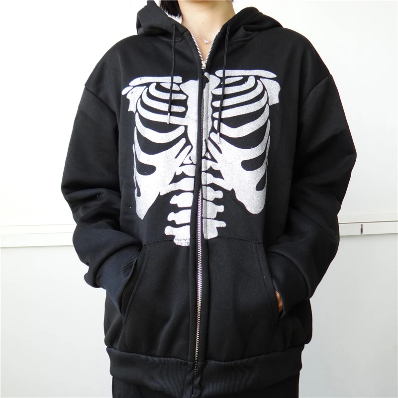 

Women Y2k Zip Up Hooded Sweatshirt Skeleton Print Graphic Hoodie Vintage 90s E Girl Harajuku Goth Fashion Jacket Long Sleeve Top