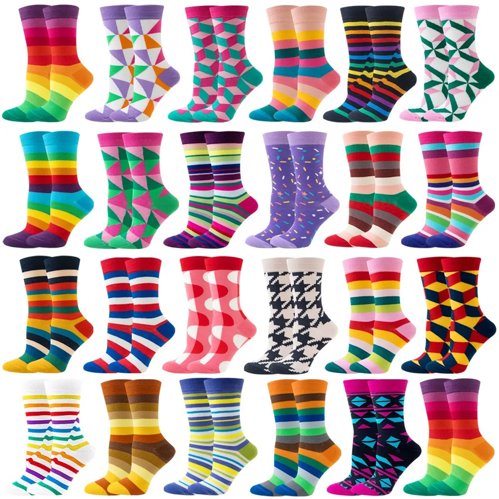 

【6 Pairs】 Novelty Woman Socks Harajuku Cotton Funny Happy Rainbow Striped Diamond Pattern Unisex Socks Girl Kawaii Gift Socks