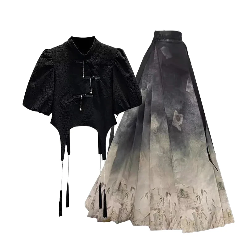 مجموعة الصيف الصينية الجديدة Sle National Trend للسيدات من Ele تحسين Hanfu irt مع تنورة ذيل رفيعة ذات ملمس راقي...