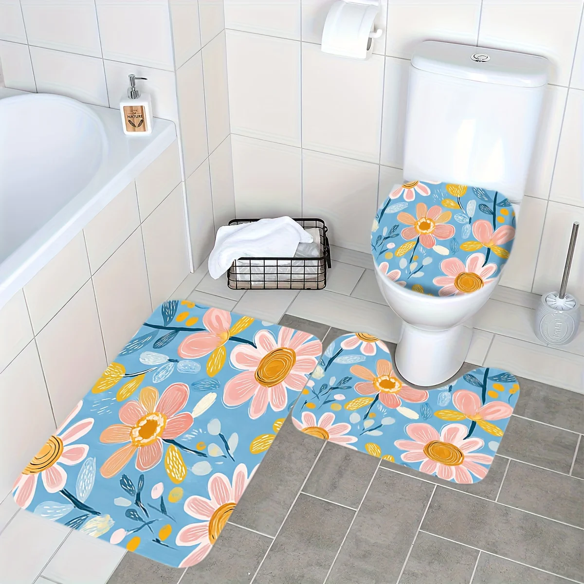 

3 шт. Набор ковриков для ванной комнаты с розовым принтом ромашки, крышка унитаза, U-образный коврик для унитаза, фланелевый материал, мягкая поверхность, нескользящий коврик для