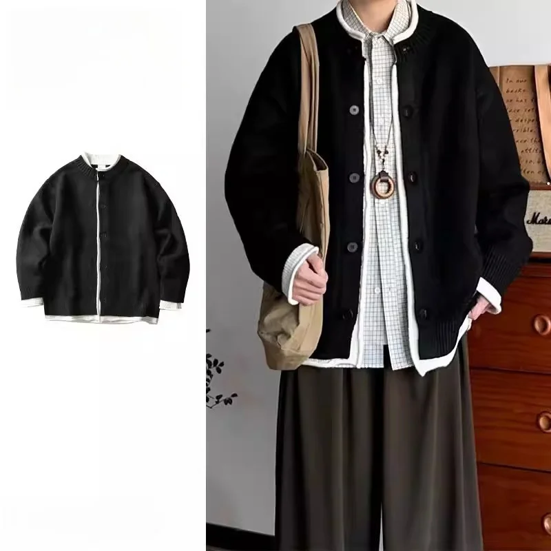 

Ретро-кардиган в японском стиле, вязаный, свободного кроя, с цветными блоками, на осень-зиму, с длинными рукавами и круглым вырезом, повседневный свитер