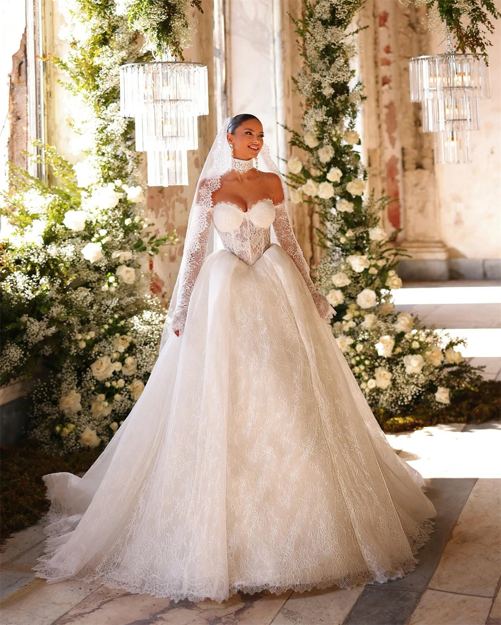 맞춤형 섹시한 화이트 레이스 로브 드 마리에 포멀 보트넥 긴 소매 웨딩드레스 매력적인 A라인 채플 트레인 웨딩드레스