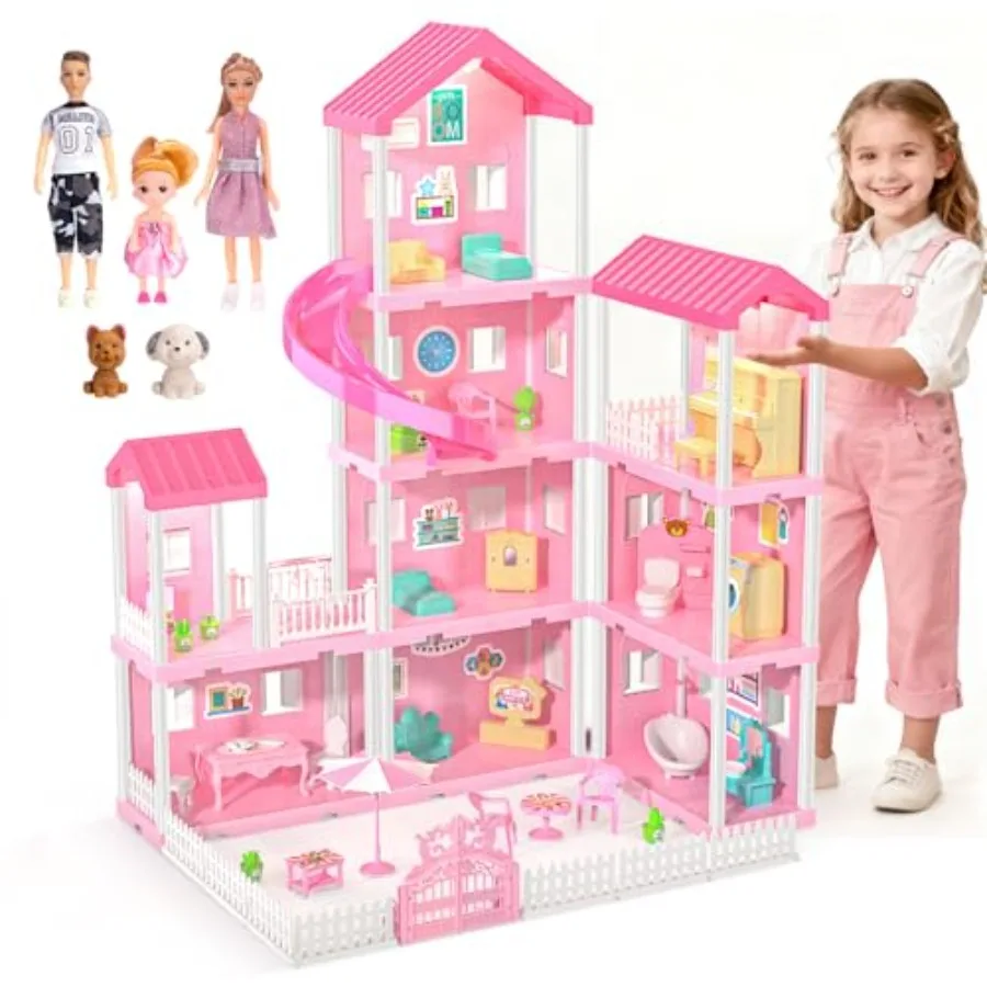 

Dreamy Dollhouse Playset for Girls 4-Story 10 Areas with Lights Pets Furniture Accessories Pretend-Play Toddler Playhouse Gift