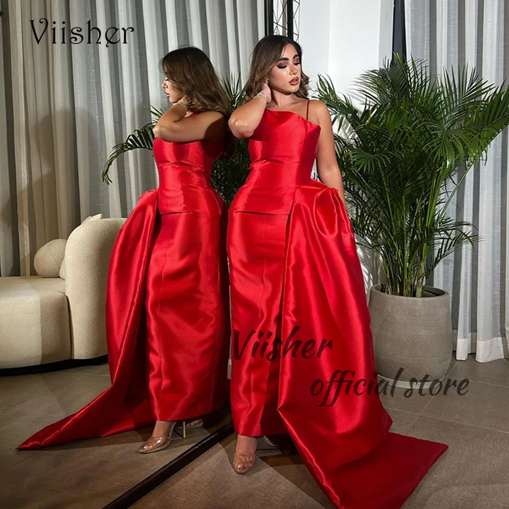 

Viisher Red Mermaid Evening Dresses Spaghetti Straps Draped Satin Arabic Celebrate Event Dress with Train Dubai Formal Dress