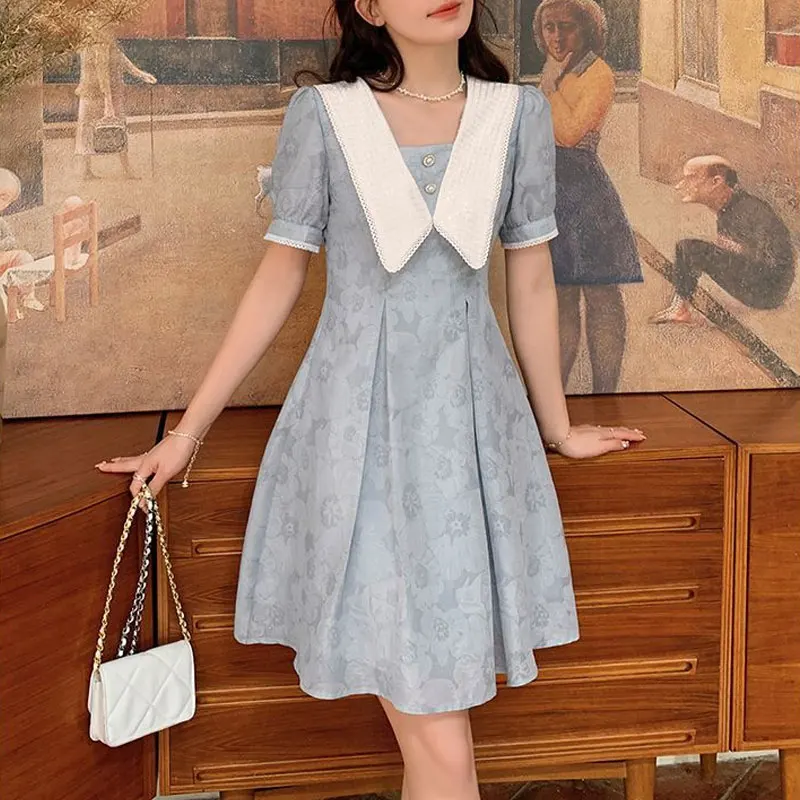 

Vintage French Style Midi Dress Female Clothing Sweet Doll Collar Summer Printed Fashionable Spliced A-Line Waist Folds Dresses