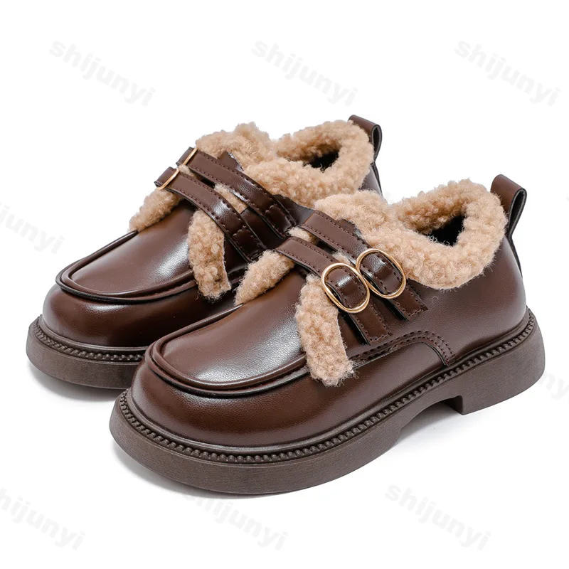 Crianças sapatos de couro 2025 inverno estilo britânico sola grossa meninas sapatos de pelúcia escola casual mocassins quentes engrossar sapatos de algodão