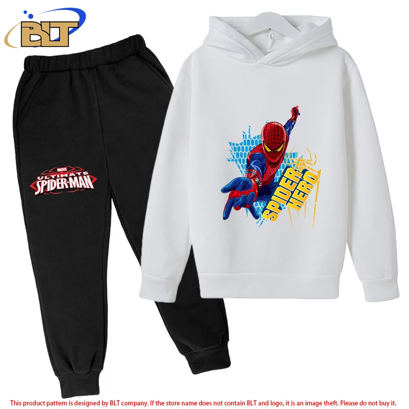 Spider-Man children's fleece hoodie suit white sports sweatshirt pants two-piece suit for boys and girls