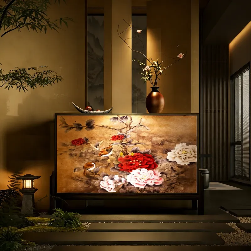 New Chinese Style Solid Wood Peony Flower Bird Height Combination Cabinet Entrance Partition Dining Side Cabinet Living Room