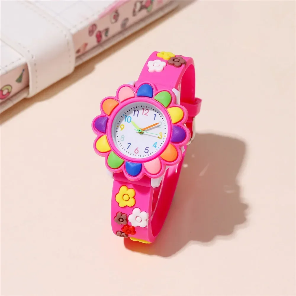 

Cute Sweet Colored Flower Cartoon Watch, Pink Silicone Tape Quartz Cartoon Schoolgirl Watches Kid's Quartz Wristwatches