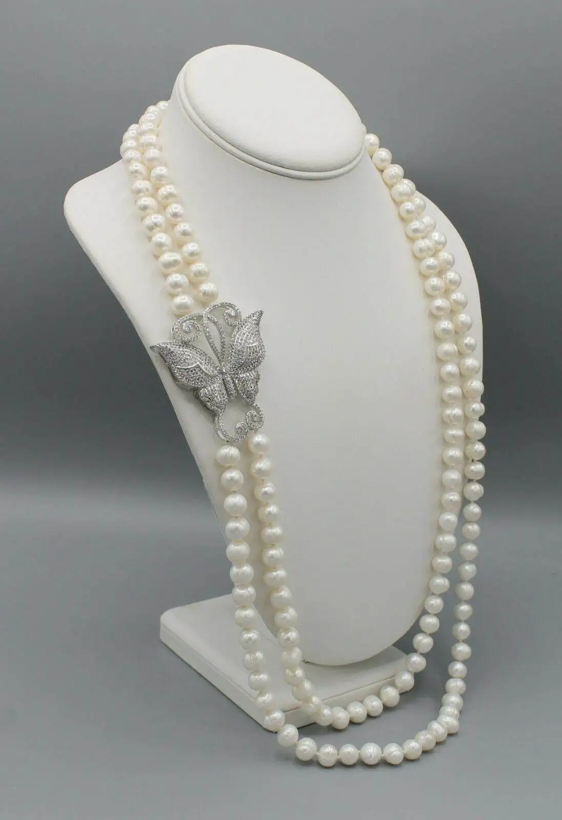 

Elegant 2rows 8-9mm white freshwater pearl necklace micro inlay zircon butterfly clasp 70-76cm fashion jewelry