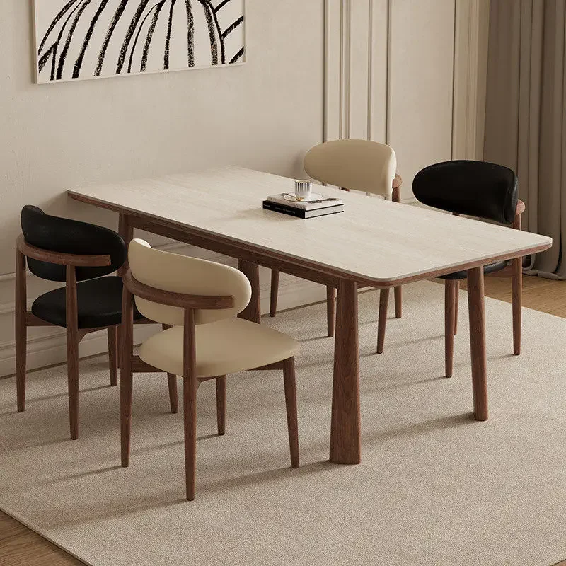 

Stone slab dining table household small apartment walnut solid wood Shunde dining table chairs rectangular dining table