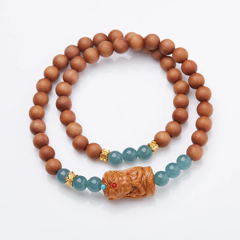 Natural Blue Water Jade Bead Bracelet Female Zakiram Sandalwood Double Layer Bracelet Elegant Retro Buddhist Jewelry Wholesale