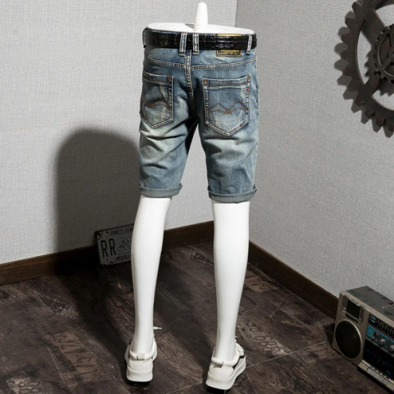 Ripped Embroidered Patch Denim Shorts Men's Summer Retro Nostalgic High Street Fashionable Slim Straight Motorcycle Shorts