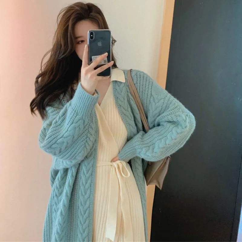 

Women's Knitted Long Thiened Sweater Cardigan Spring Autumn Soft Milk Blue Loose Lazy Sle Outerwear Coat V-ne Button De...