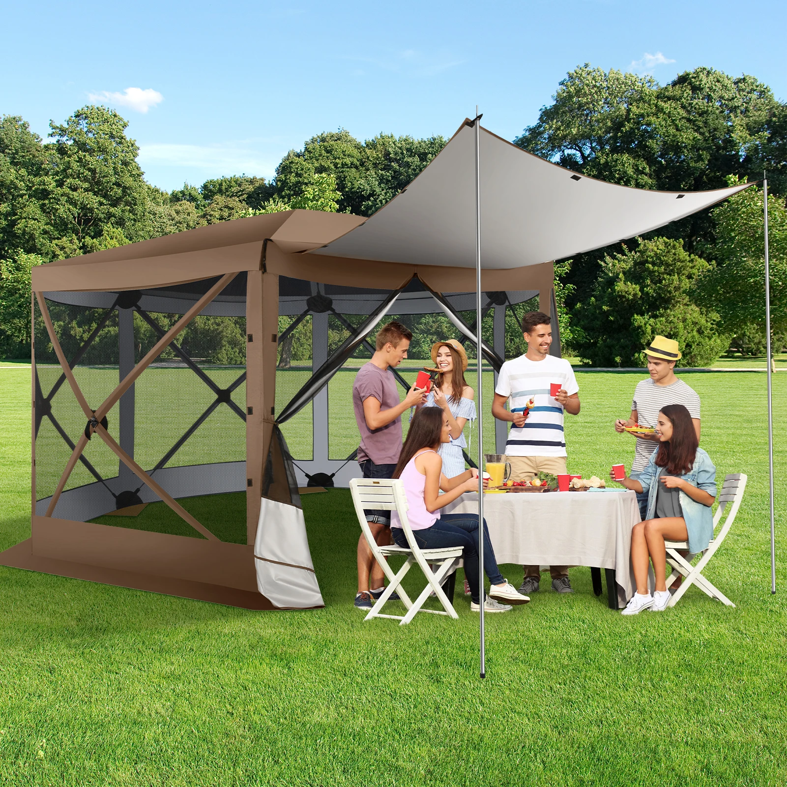 Pop Up Gazebo 12'x12' 6-Sided Screen House Tent for Camping, Outdoor Instant Stargazing Gazebo Canopy with Awning 2.0 ,Hub Tent