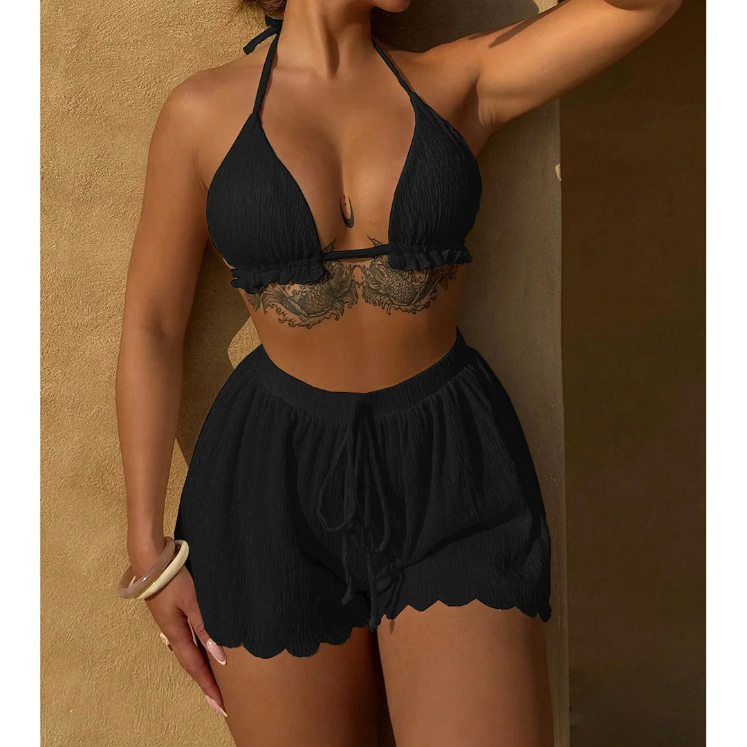 Gerüschter, gefütterter Neckholder-Bikini, Damen-Badebekleidung, dreiteiliger Bikini-Set mit Shorts, Badeanzug, Badebekleidung, Schwimmanzug V5673B – Detail 23