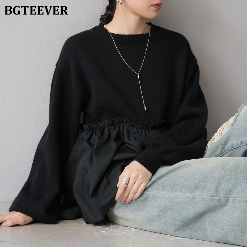 BGTEEVER Casual Lose Oansatz Weibliche Gestrickte Pullover Tops Frühling Herbst Stilvolle Lange Hülse Frauen Unregelmäßige Pullover Jumper