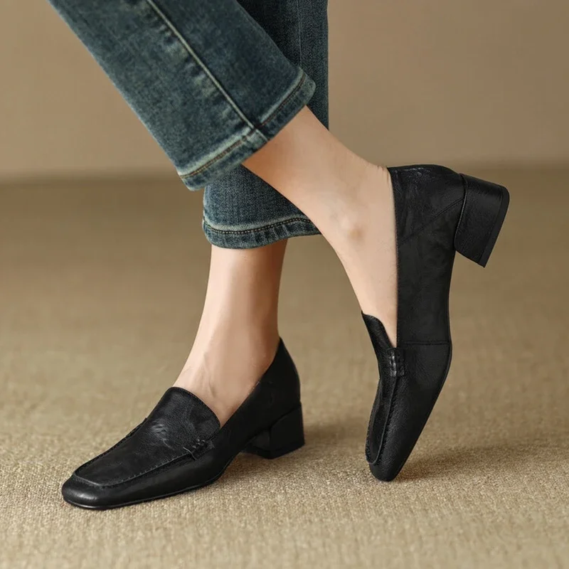 NEW Spring/Autumn Women Loafers Square Toe Chunky Heel Shoes Elegant Genuine Leather Shoes for Women Retro Sheepskin Women Pumps