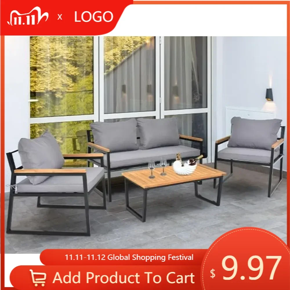 Patio Furniture 4pcs Outdoor Conversation Sofa Set with Acacia and Metal Coffee Table, Loveseat and Single Chair for Backyard