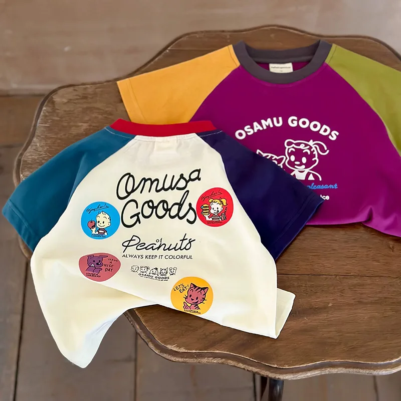 KIDCRKJ Cartoon Casual Childrens Summer Color Blocking Short-Sleeved T-Shirt New Boys Girls Cotton Cartoon Baby Tees Kids Tops