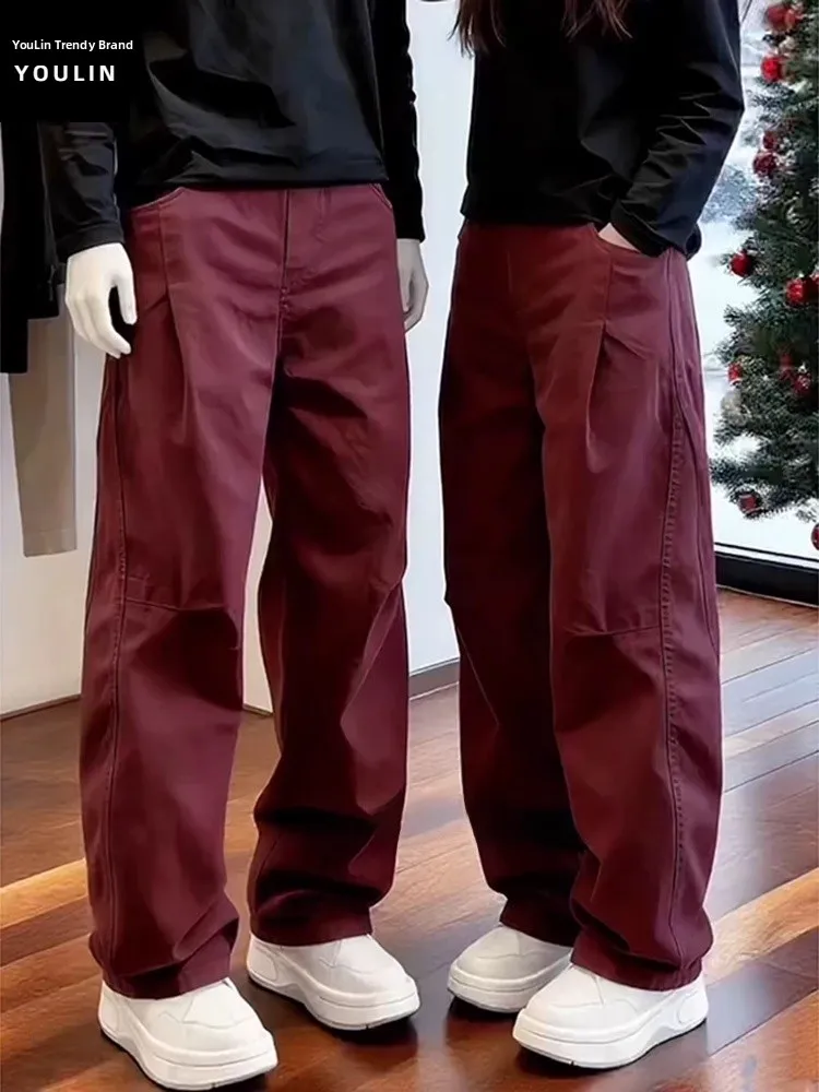 

Мужские брюки-карго из чистого хлопка цвета бургунди, широкие, свободного кроя, для осени и зимы, повседневные, стильные, комфортные, с эффектом драпировки