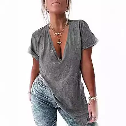 Women Deep V Neck Short Sleeve Tee Tops Side Slit Oversized Summer Casual Blouse Shirts