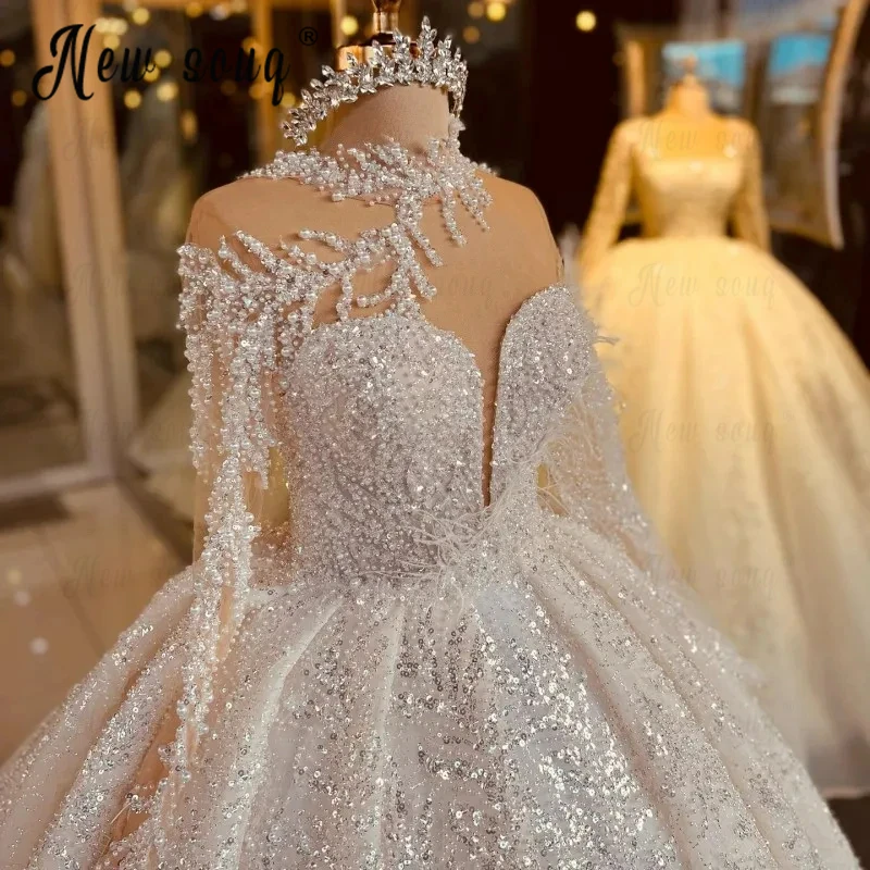 Glitter Full Beaded Sequin Lace Appliqued Wedding Dress Mesh Neck Pearls Long Sleeve Bridal Gowns Vestido De Noiva Plus SIze