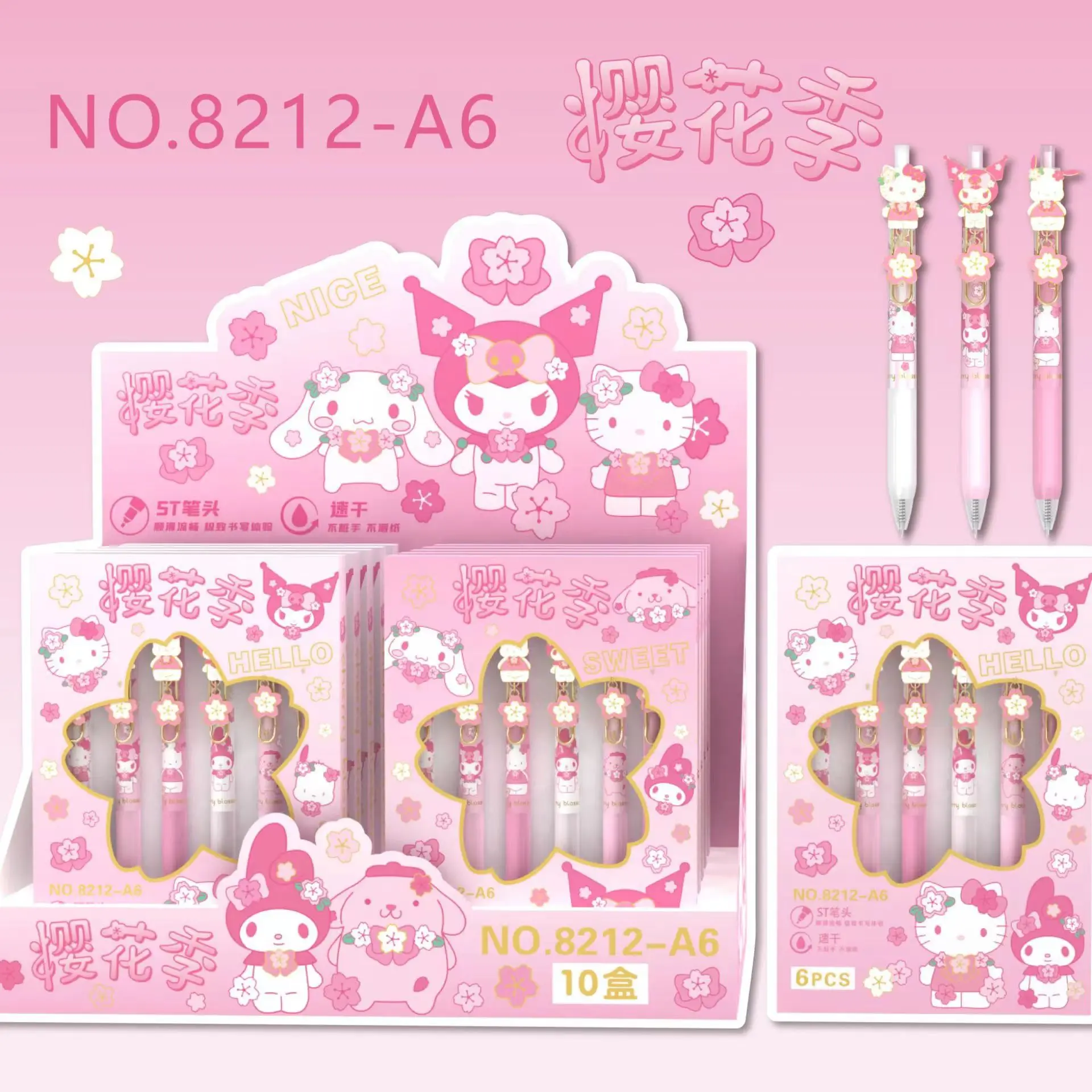 6Pcs/Box Sanrio Pink Sakura Festival Cartoon Stationery Gel Pen Mymelody Kuromi Cinnamoroll Pochacco Neutral Pen Signature Pen