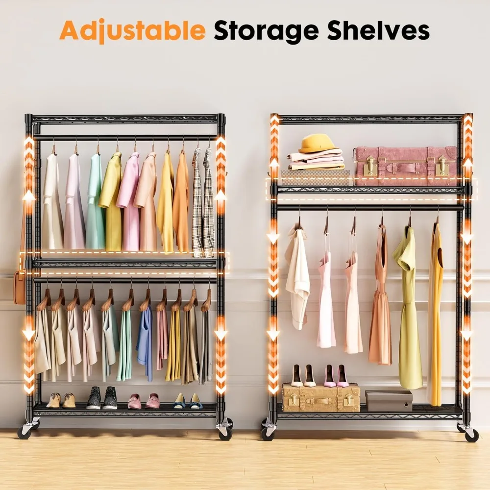 Perchero para ropa con ruedas, estantes de alambre ajustables portátiles de 3 niveles resistentes con ruedas, varillas para colgar