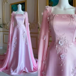 Gracegul Women Evening Dresses Square Collar A-LIne 3D Floral Appliques Formal Occasion Dress Charmeuse Satin Banquet Gowns