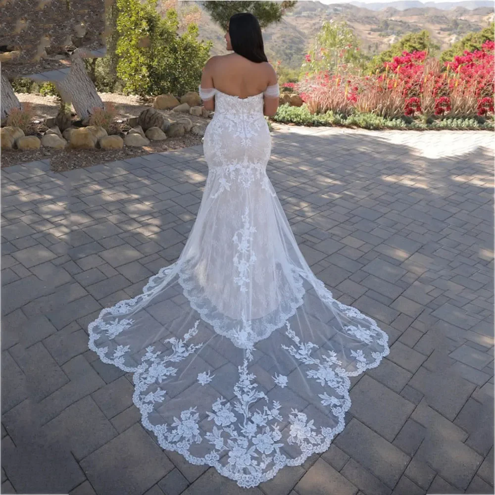 Customized  Strapless Appliques Plus Size Mermaid Wedding Dresses Lace Tulle Court Train Bridal Gowns Vestidos De Novia